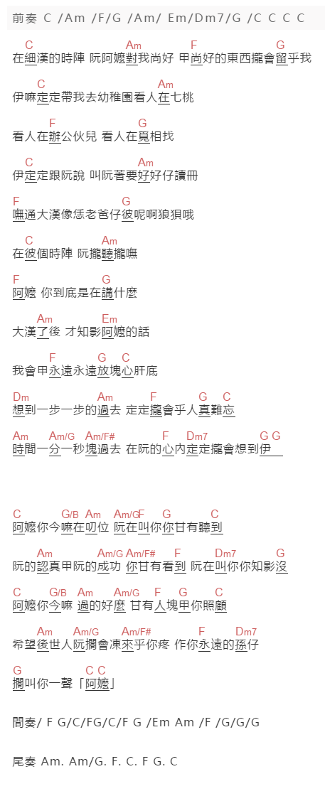 蕭煌奇《阿嬷的话》吉他谱C调和弦谱(txt)1