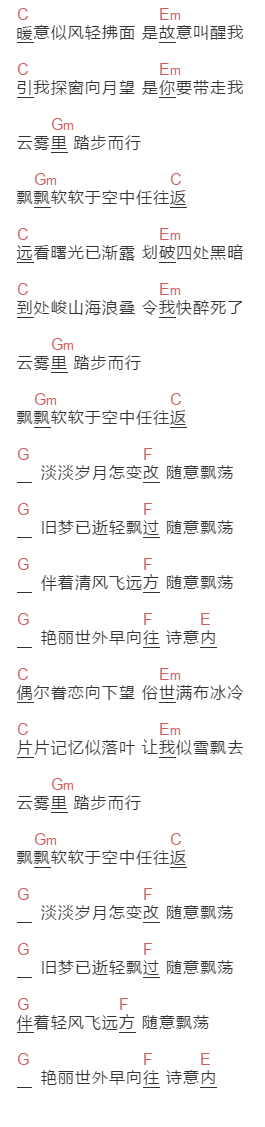 黄家驹《随意飘荡》吉他谱C调和弦谱(txt)1