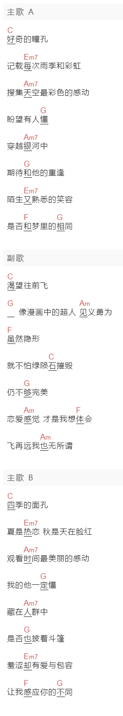 郭采洁《隐形超人》吉他谱C调和弦谱(txt)1