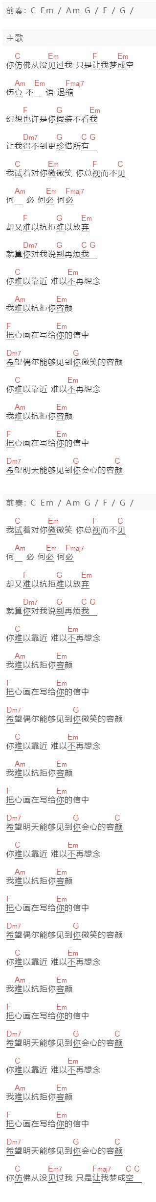 张信哲《难以抗拒你的容颜》吉他谱C调和弦谱(txt)1