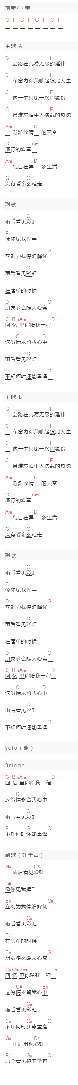 张信哲《雨后》吉他谱C调和弦谱(txt)1