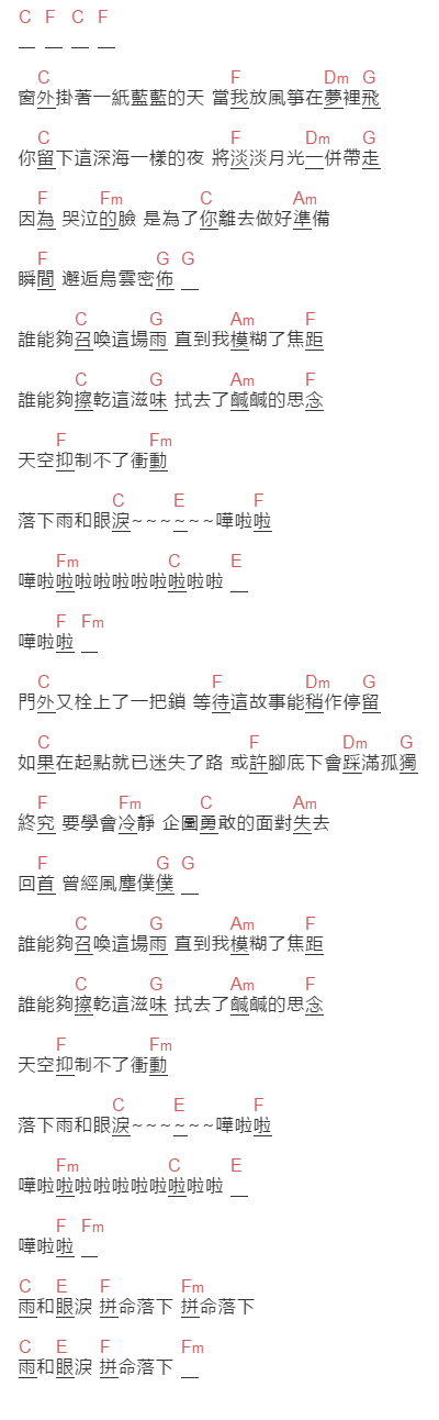 四分衛《雨和眼泪》吉他谱C调和弦谱(txt)1