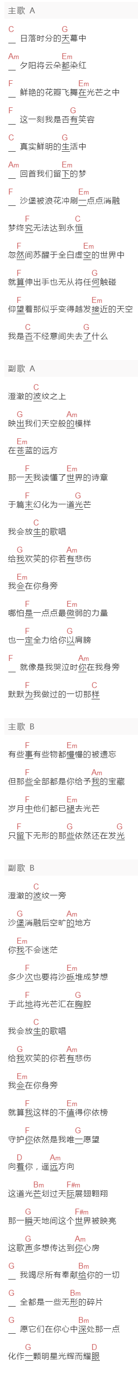 早凉《虽然歌声无形》吉他谱C调和弦谱(txt)1