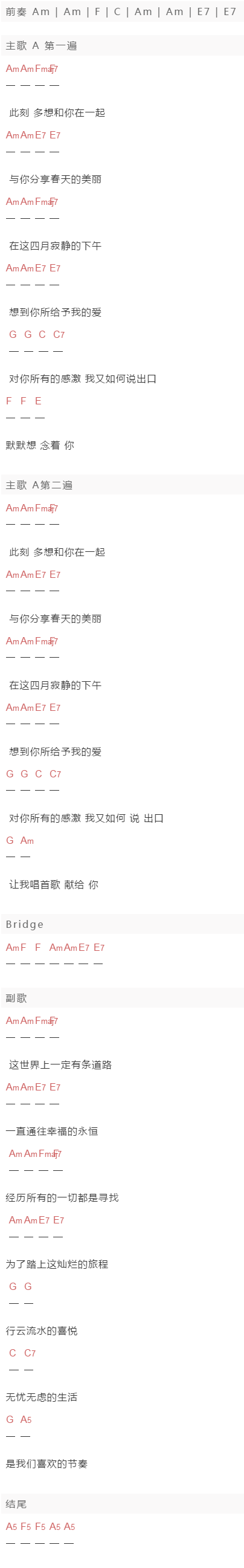 许巍《道路》吉他谱C调和弦谱(txt)1
