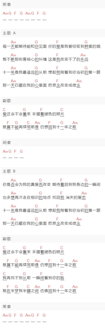 邱永传《邱永传十一年》吉他谱C调和弦谱(txt)1