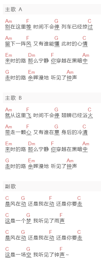 川子《钟》吉他谱C调和弦谱(txt)1