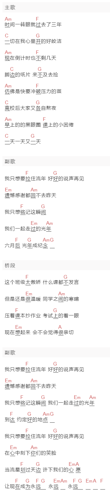 雷雨心《记·念》吉他谱C调和弦谱(txt)1