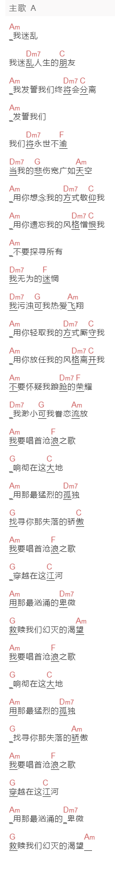 汪峰《沧浪之歌》吉他谱C调和弦谱(txt)1