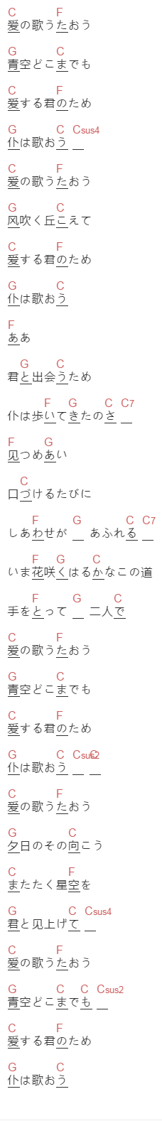 河口恭吾《爱の歌》吉他谱C调和弦谱(txt)1