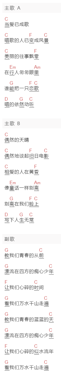 老狼《爱已成歌》吉他谱C调和弦谱(txt)1