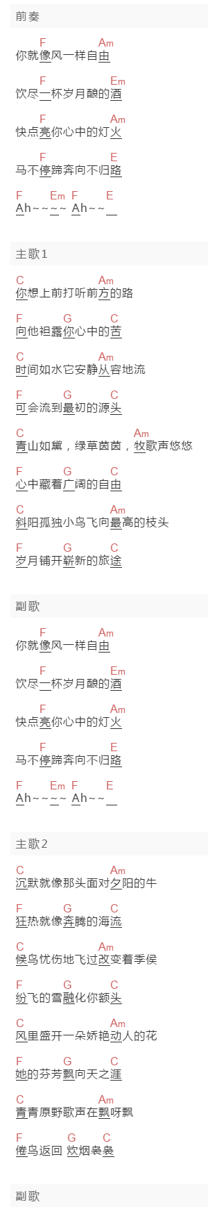 钟立风《牧歌》吉他谱C调和弦谱(txt)1