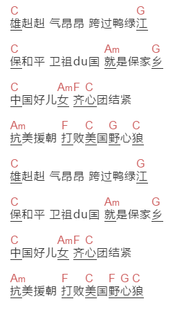 无《中国人民志愿军军歌》吉他谱C调和弦谱(txt)1