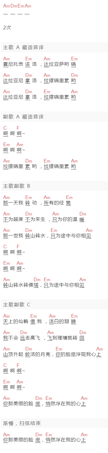 吴虹飞《仓央嘉措情歌》吉他谱C调和弦谱(txt)1