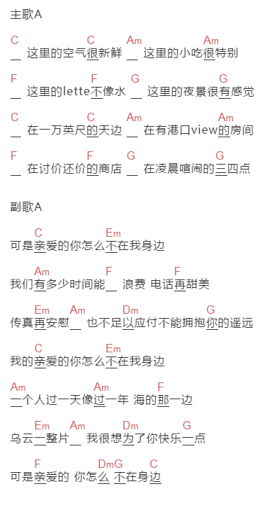 江美琪《亲爱的，你怎么不在我边》吉他谱C调和弦谱(txt)1