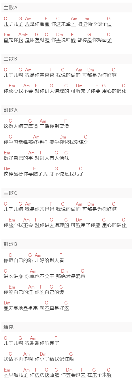 王宝《儿子，我是你爸爸》吉他谱C调和弦谱(txt)1