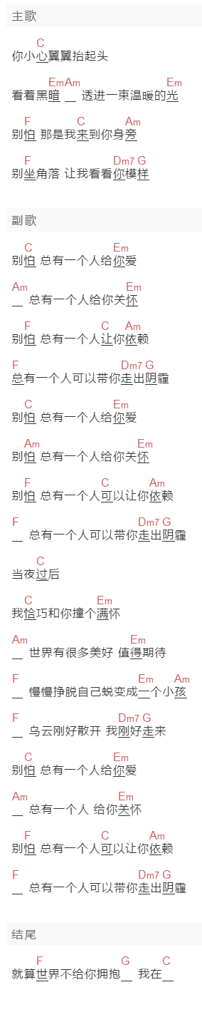 隔壁老樊《别怕，我在》吉他谱C调和弦谱(txt)1