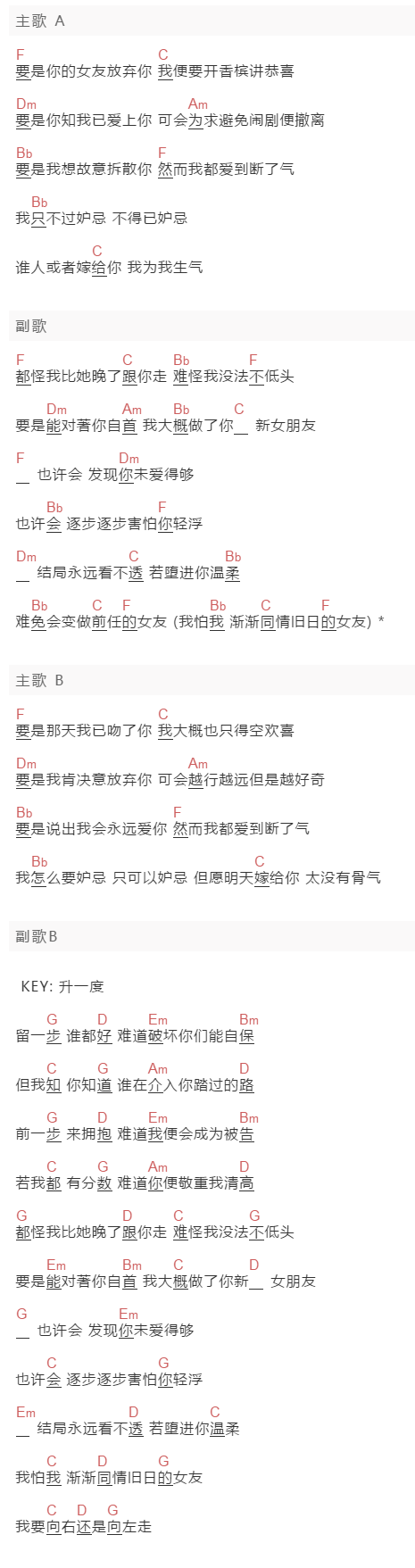 杨千嬅《向左走，向右走》吉他谱C调和弦谱(txt)1