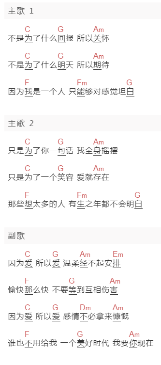 谢霆锋《因为爱，所以爱》吉他谱C调和弦谱(txt)1