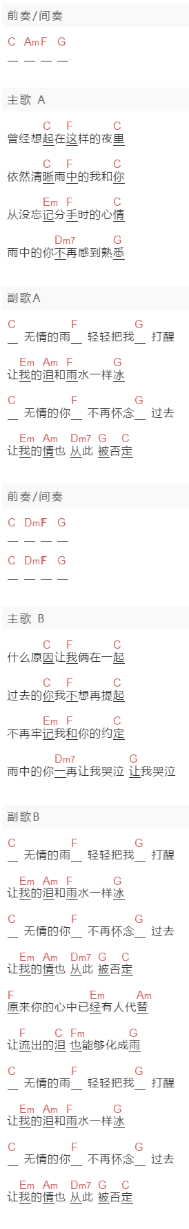 齐秦《无情的雨，无情的你》吉他谱C调和弦谱(txt)1