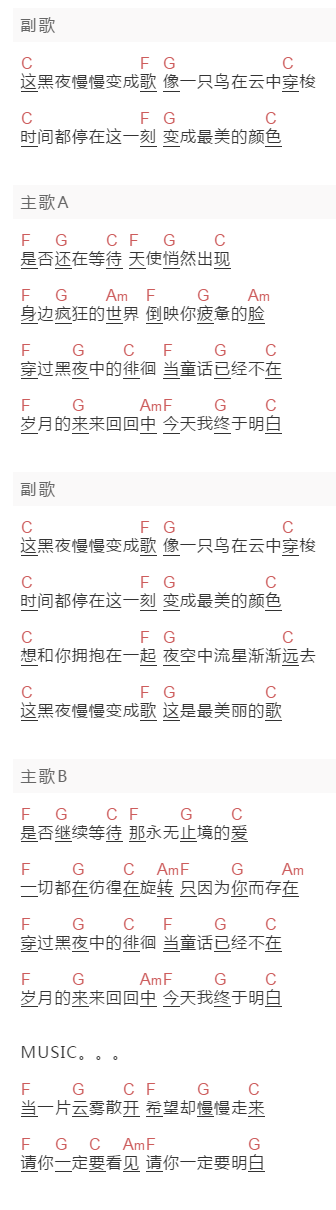 绿色频道《夜已如歌》吉他谱C调和弦谱(txt)1