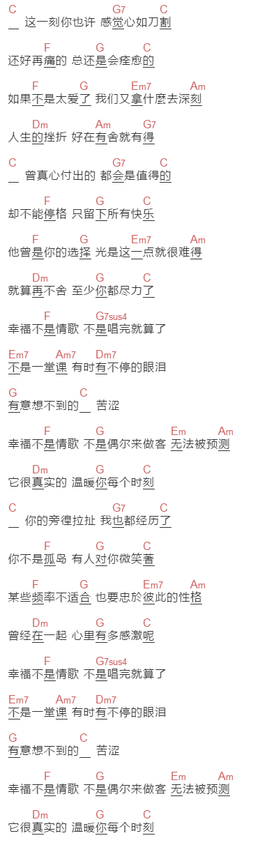 刘若英《幸福不是情歌》吉他谱C调和弦谱(txt)1