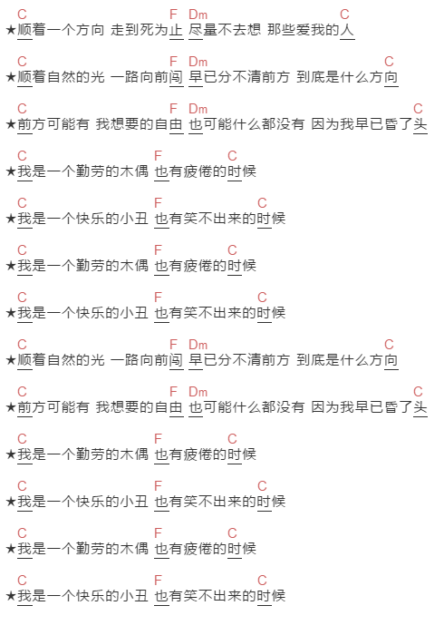 郝云《逃跑的木偶》吉他谱C调和弦谱(txt)1