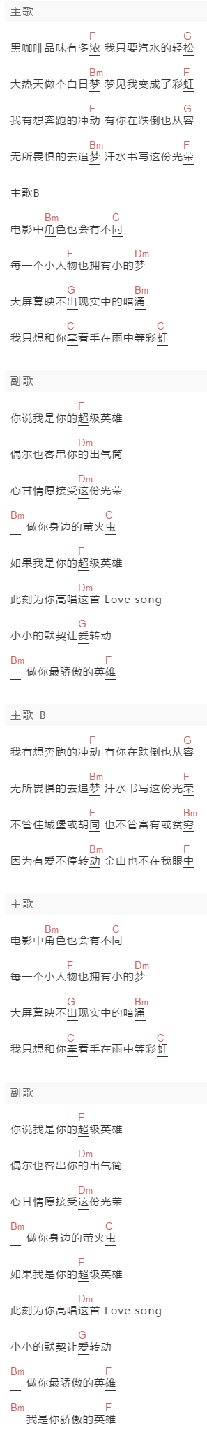 邓超《超级英雄》吉他谱C调和弦谱(txt)1