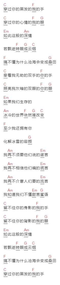 罗大佑《穿过你的黑发我的手》吉他谱C调和弦谱(txt)1