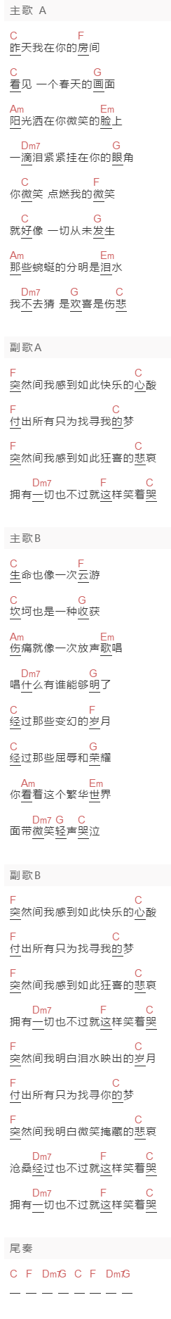 汪峰《笑着哭》吉他谱C调和弦谱(txt)1