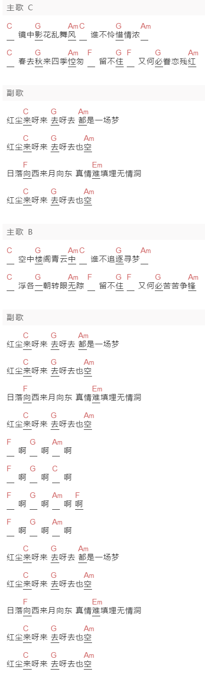 杨宗伟《红尘来去梦一场》吉他谱C调和弦谱(txt)1