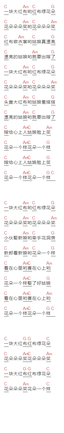 小娟,山谷里的居民《红布绿花朵》吉他谱C调和弦谱(txt)1