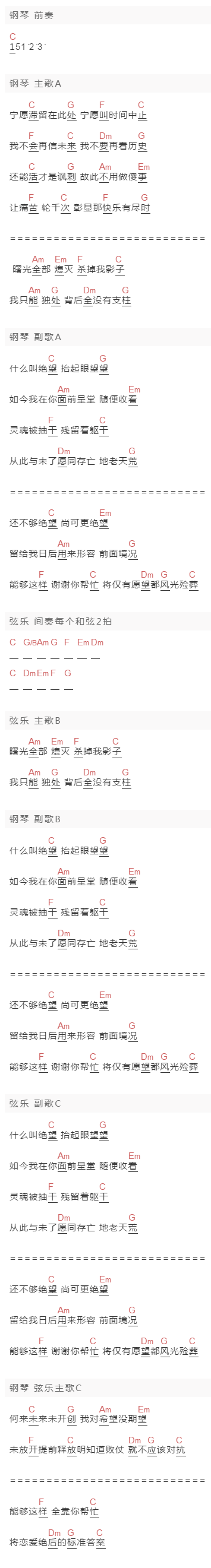 傅佩嘉《绝》吉他谱C调和弦谱(txt)1