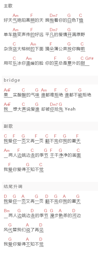 蔡旻佑《翻不完的夏天》吉他谱C调和弦谱(txt)1