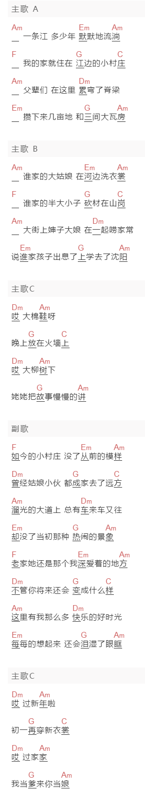 金勇《老家》吉他谱C调和弦谱(txt)1