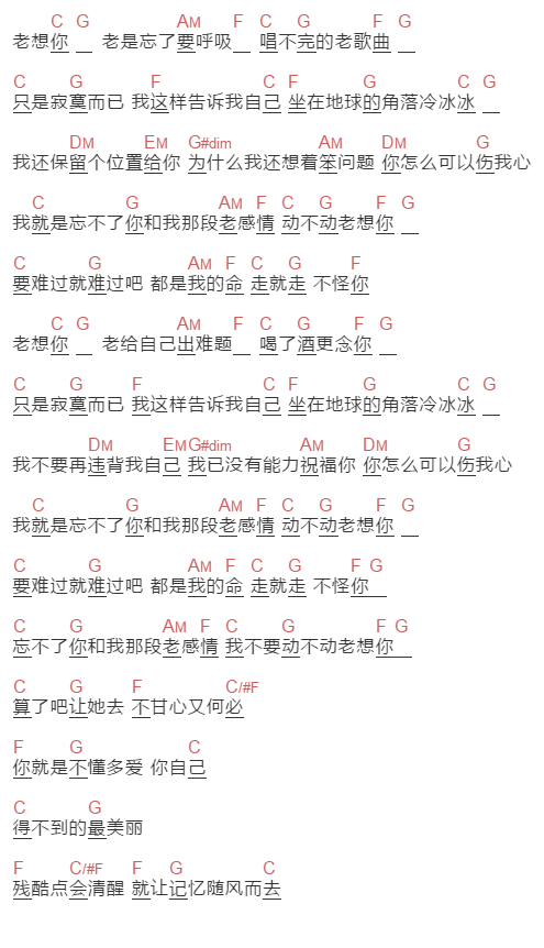 赵传《老想你》吉他谱C调和弦谱(txt)1