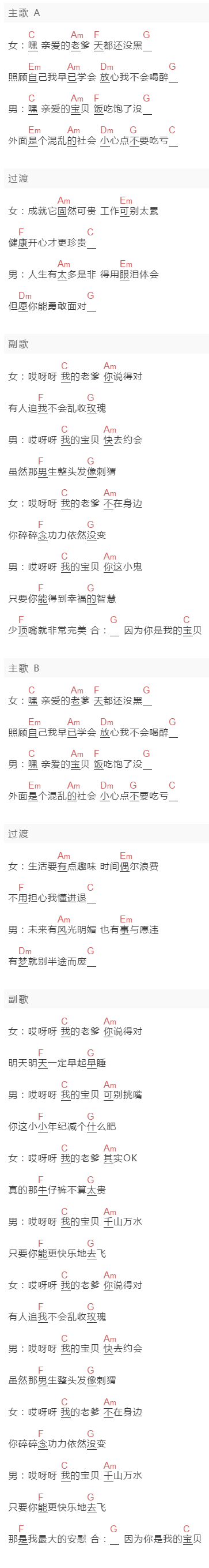 弦子,迪克牛仔《老爹》吉他谱C调和弦谱(txt)1
