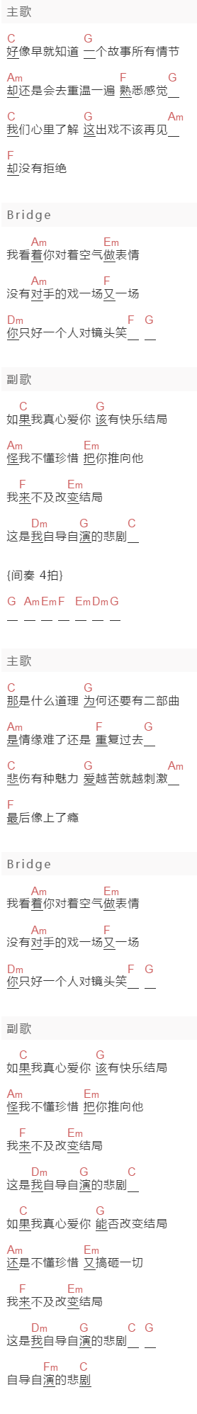 陶喆《自导自演的悲剧》吉他谱C调和弦谱(txt)1