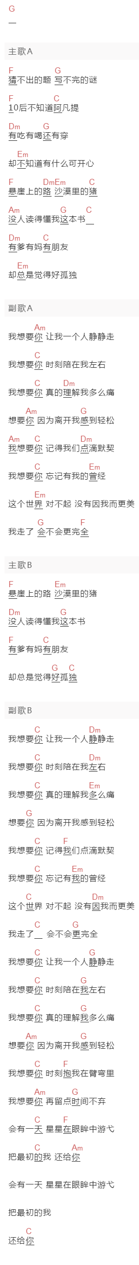 薛黛霏《自白》吉他谱C调和弦谱(txt)1