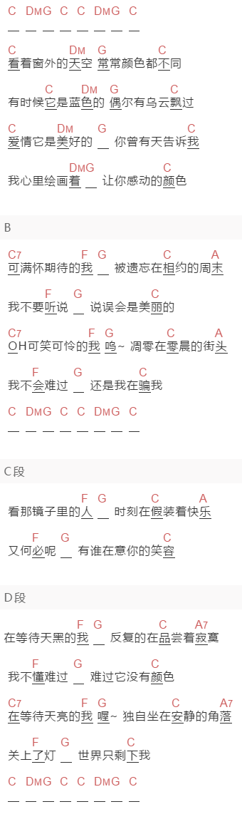 未知歌手《自言自语》吉他谱C调和弦谱(txt)1