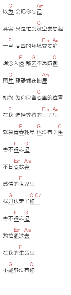 武艺《舍不得忘记》吉他谱C调和弦谱(txt)1