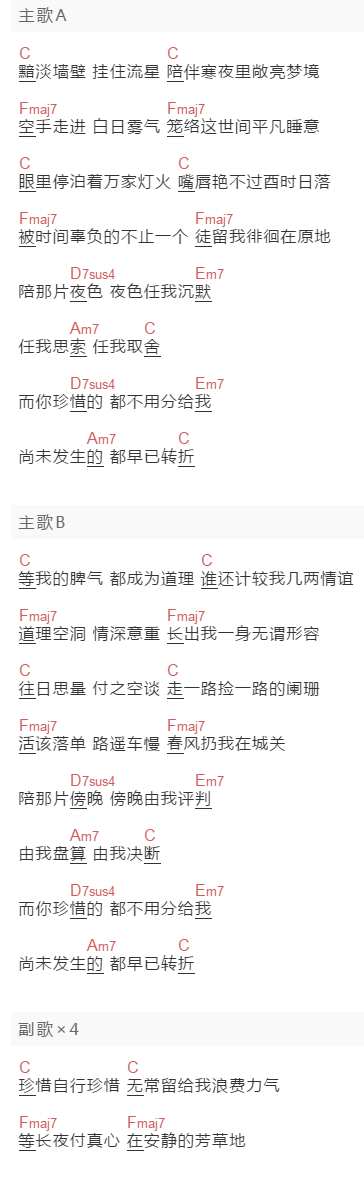 陈粒《芳草地》吉他谱C调和弦谱(txt)1
