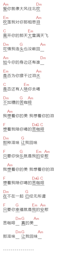 汤潮《苦咖啡》吉他谱C调和弦谱(txt)1