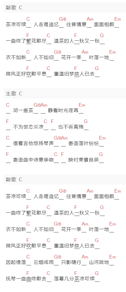 欠债茶铺《茶凉可续》吉他谱C调和弦谱(txt)1