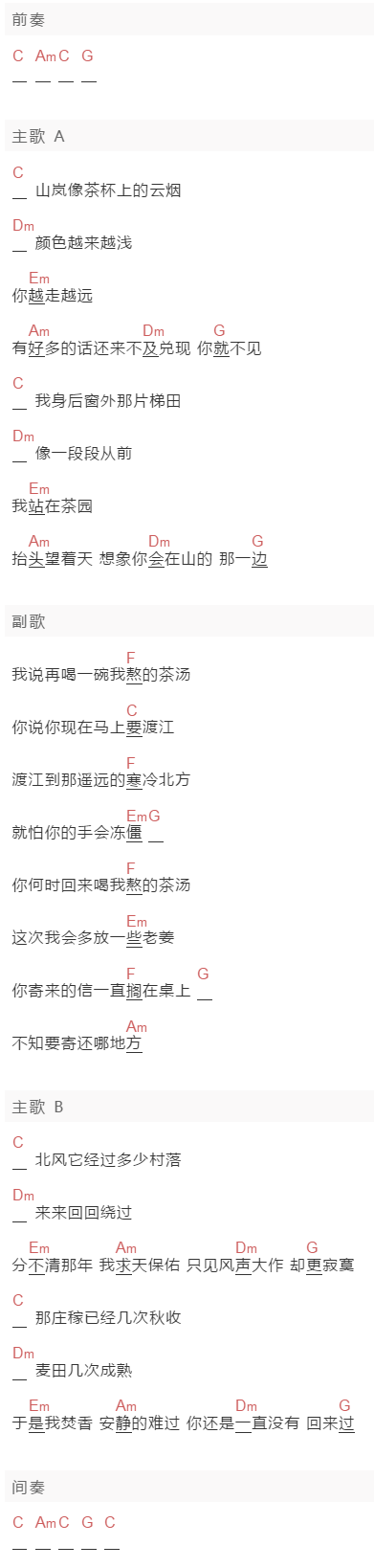 明萌派《茶汤》吉他谱C调和弦谱(txt)1