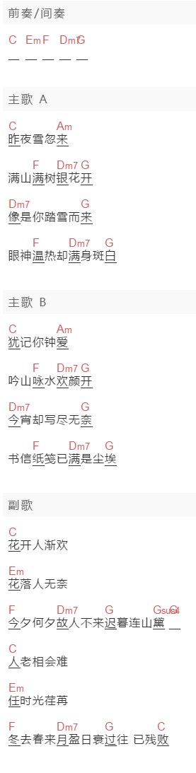 谢春花《荏苒春冬去》吉他谱C调和弦谱(txt)1