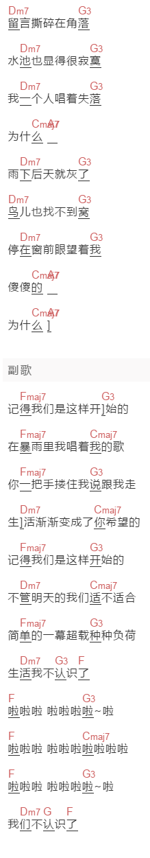 曹方《落单》吉他谱C调和弦谱(txt)1