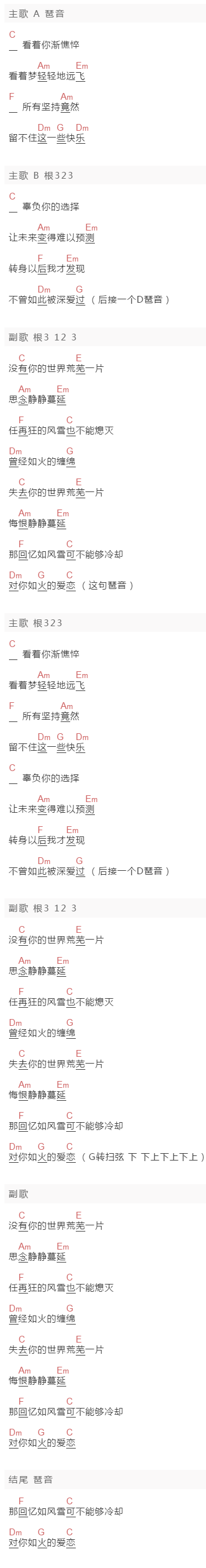 许美静《蔓延》吉他谱C调和弦谱(txt)1