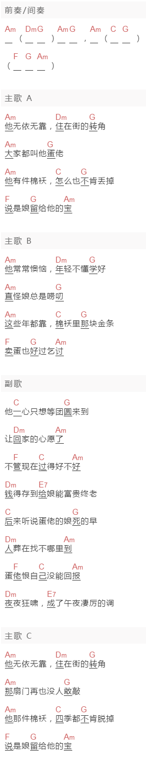 张宇《蛋佬的棉袄》吉他谱C调和弦谱(txt)1
