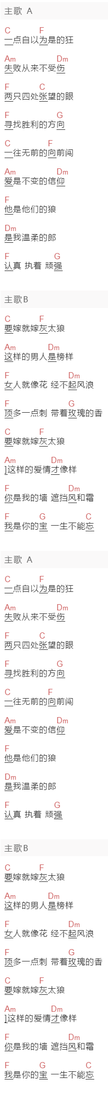 周艳泓《要嫁就嫁灰太狼》吉他谱C调和弦谱(txt)1