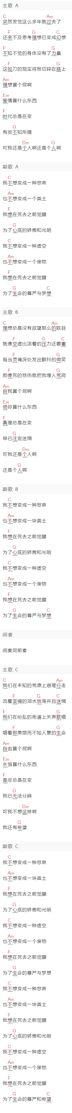 汪峰《觉醒》吉他谱C调和弦谱(txt)1